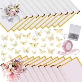 Magnoloran 157Pcs Flower Bouquet Wrapping Paper Kit, 20 Sheet Pink&White Waterproof Floral Packaging Paper with Ribbon, 100Pcs Diamond Pins, 36Pcs Gold Butterflies for Valentine Wedding Graduation
