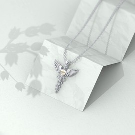 LWXIE Diamond Caduceus Necklace for Nurse Doctor 925 Sterling Silver Nurse Necklace with Lab Grown Diamond Nurse Jewelry Graduation Gifts for Nurse Doctor Medical Students