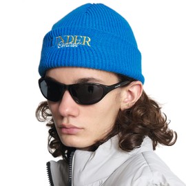 UNDERCONTROL Unique Sports Logo Plain Embroidery Unisex Winter Trawler Cuffed Rollup Fisherman Beanie Knit Skullcap Korea (Blue)