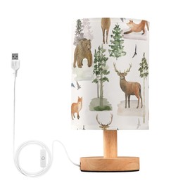 YYZZH Table Lamp Watercolor Animal Forest Tree Deer Fox Bear Nightstand Lamp with Wood Base Fabric Lamp Shade Bedside Desk Lamp for Living Room Bedroom Kids Room Office