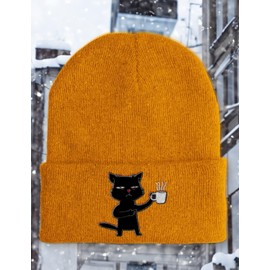 tshirtladen Hat – Coffee Cat – Beanie One Size – Winter Hat Soft Touch – Embroidered Sayings Hat, Mustard
