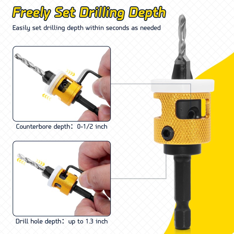DTRUCTIEW 5 Pcs Countersink Drill Bit Set, 1/4" Hex Shank