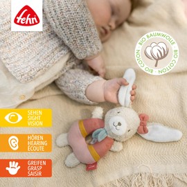 Fehn FehnNATUR Baby Ring Grasping Toy Rabbit - Cuddly Toy with Organic Cotton - Baby Toy with Rattle & Toy for Playful Learning - Gripping Toy for Babies and Toddlers from 0+ Months