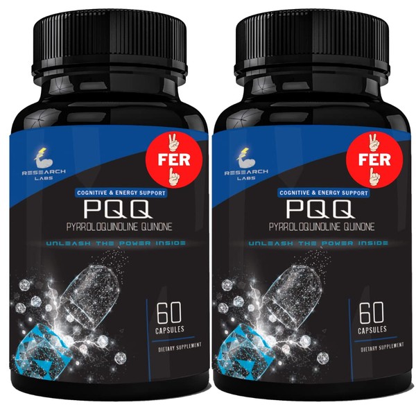 Research Labs 2 Bottles Ultra High Purity 20mg PQQ Capsules, 120 Capsules. Pure, Concentrated High Bioavailability. Pyrroloquinoline Quinone Supplement ATP Energy, Heart, Cognitive Support Nootropic
