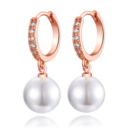 Pearl Dangle Earrings for Women, Sterling Silver Pearl Drop Hoop Earrings, Hypoallergenic Round Pearl Rose Gold Hoop Earrings with AAA+ Cubic Zirconias | Jewellery Gifts for Birthday Weeding