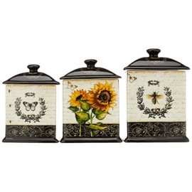 Certified International French Sunflowers Canister Set, Set of 3 Ceramic Kitchen Storage Jars with Lids, Vintage Sunflower Decor, Floral Bee Butterfly Design, 56/60/96 oz