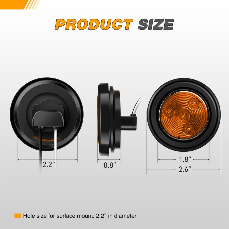 GOOACC 2Inch Round Side Marker Light 5PCS Amber 4LED Front
