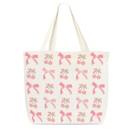 Dr.Baner Pink Bow And Cherry Tote Bag For Women, Cute Coquette Canvas Tote Bag, Reusable Grocery Shopping Bag, Birthday Christmas Gifts For Women Girls E(02)