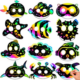Realspring 60 Pcs Ocean Animals Scratch Paper Mask 12 Styles Sea Theme Scratch Cards DIY Masks Craft Kit for Scratch Party Favors Under the Sea Decorations Activity Birthday Party