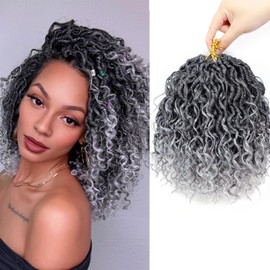 6 Packs Goddess Locs Crochet Hair 8 Inch Grey Crochet Hair for Women Pre Looped Faux River Locs Crochet Braids with Curly Hair Bohemian Hippie Locs Synthetic Hair Extensions(1B/Grey)