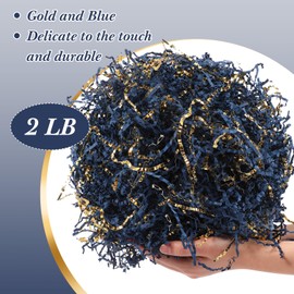 Outus 2LB Crinkle Cut Paper Shred Filler Shredded Paper for Gift Box Crinkle Paper Metallic Shredded Crinkle Cut Paper Easter Grass Tissue Paper for Wedding Birthday Wrapping Boxes Bags (Blue, Gold)