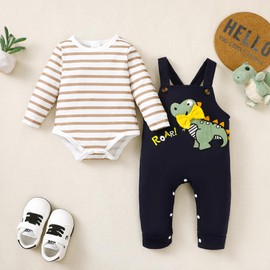 LUJENGEFA Baby Boy 2 pcs Outfit Clothes Set Stripe Tops Dinosuar Print Overall + Adjustable Suspender Pants Brown-Long Sleeve 6-12 months