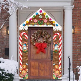 3 Pcs Christmas Gingerbread Door Decorations Set – Merry Christmas Porch Banners with Candy House Design, Polyester Xmas Door Covers for Classroom, Home, Party, Outdoor Holiday Decor