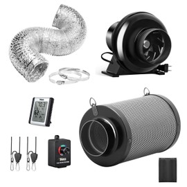 iPower 4 Inch 195 CFM Inline Speed, Air Carbon, 8 Feet Flexible, Temperature Humidity Hanger for Grow Tent Ventilation, Fan+Filter+Duct+Rope+Controller+TEM Monitor