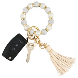 VIQWYIC Wristlet Bracelet with Bling Rhinestones - Silicone Beaded Keychain Bangle for Women's Car Keys & Card Holder (White)