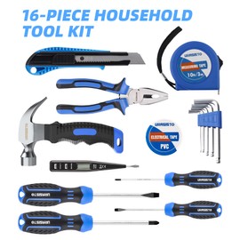 URASISTO 16-Piece Household Tool Set Basic Hand Tool Kit with Claw Hammer,Lineman's Pliers, Perfect for DIY, Home Maintenance