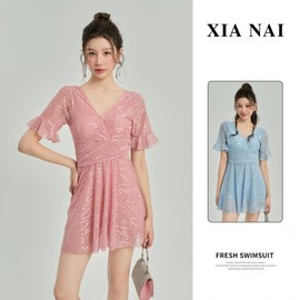 Women's Stylish Short Sleeve One-Piece Swim Dress with Tummy Control, Plus Size R184 M (85-95 Geun)/Black 2ea