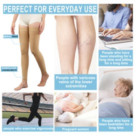 Medical Thigh High Compression Socks Footless for Women and Men (Pair), 15-20 mmHg with Silicone Dot Band, Medical Compression Stockings for Varicose Veins (BEIGE, L)