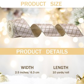 Harrycle 20 Yards Champagne Christmas Velvet Ribbon Wired Metallic Diamond Glitter Grid 2.5 Inch Bow Ribbon for Christmas Tree Decoration Gift Wrapping Bow Making Wreaths Garland Craft Home Decor