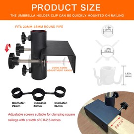 Parasol Holder, Balcony Railing, Adjustable, Space-Saving Parasol Holder, Balcony Diameter 25-38 mm, Umbrella Holder, Balcony Railing, Parasol Stand, Suitable for Maximum Width 5 cm (Black)