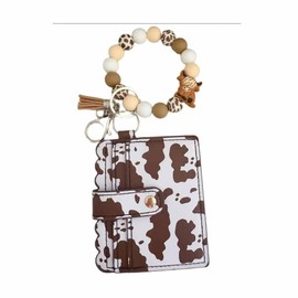 Lemua Highland Cow Wristlet Keychain with Wallet, Highland Cow Gifts for Women Mom, Beaded Cow Print Keychain Wristlet, Silicone Bead Key Ring Bracelet