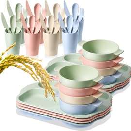 Weewooday 48 Pcs Wheat Straw Tableware Set for 8 Wheat Dinnerware Cutlery Include 8 Divided Dinner Plate 24 Spoon Knife Fork 8 Cup 8 Bowl Reusable Unbreakable Dishwasher for Kids Adult (Mixed Color)