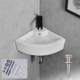 Davivy 18" x 13" Corner Bathroom Sink - White Ceramic Vessel, Small Corner Sink with Pop Up Drain and Wall Mount Installation Kit