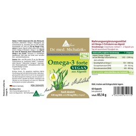 Omega-3 Forte Vegan Dr. Michalzik Daily Dose Omega 3 Algae Oil (Microalgae Schizochytrium) [1140 mg] DHA [780 mg] EPA [300 mg] No Additives BIOTIKON