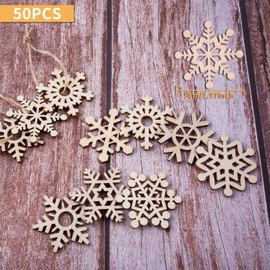 QUACOWW 50 Pieces Christmas Wooden Snowflake Ornaments Unfinished DIY Wood Snowflake Cutouts Christmas Tree Hanging Ornaments with Strings for DIY Christmas Decorations Crafts (2 Inch)