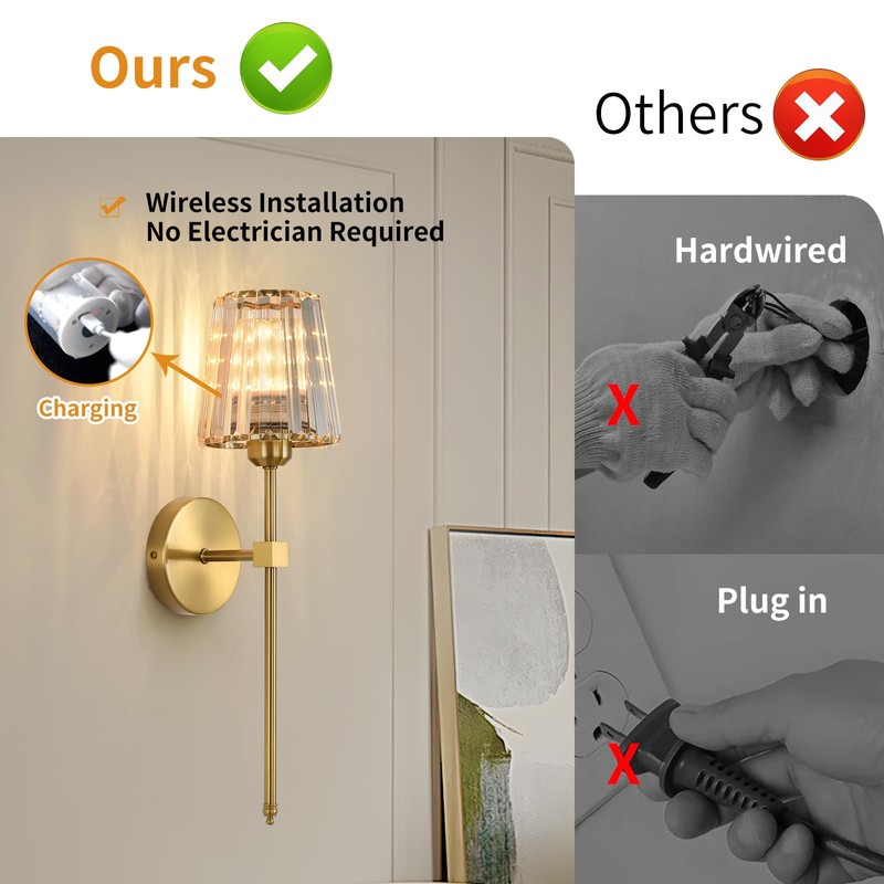 Battery Operated Crystal Wall Sconces Set of 2, Gold Wireless