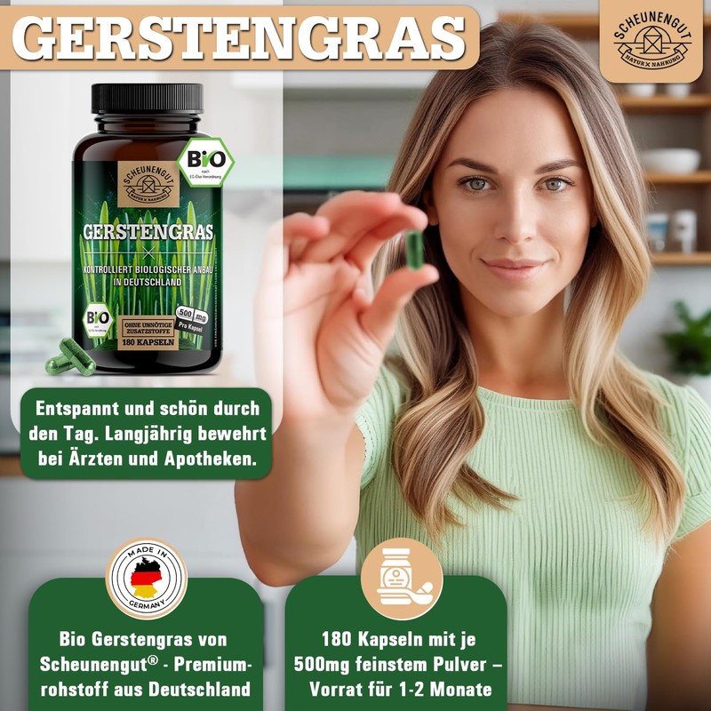 Barley Grass Capsules Organic 180 Pieces 3000 mg per Daily