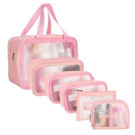 Fanshiontide 6 PCS Clear Toiletry Bag, Waterproof Clear Plastic Cosmetic Makeup Bags, Clear Travel Toiletry Bag Makeup Bag, Travel Business Vacation Bathroom Organizer Set for Men Women(Pink)