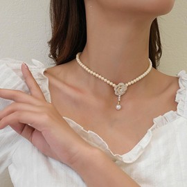 W WEILIRIAN Boho Crystal Flower Pendant Necklace Pearl Choker Necklace Black Camellia Necklace Chain Vintage Pearl Beads Necklace Jewellery for Women and Girls Gifts, Metal