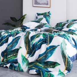 AMWAN Green Leaves Duvet Cover Set King Fresh Floral Duvet Cover Set Cotton Tropical Leaves Bedding Long Staple Cotton Duvet Comforter Cover Set Floral Tropical Bedding Cover Set King Bedding