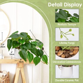 DILATATA Fake Plants Indoor 8 Inch Artificial Pothos Plant in White Ceramic Pot - Faux Potted Pothos Plant for Home Aesthetic Decor Living Room Shelf Office