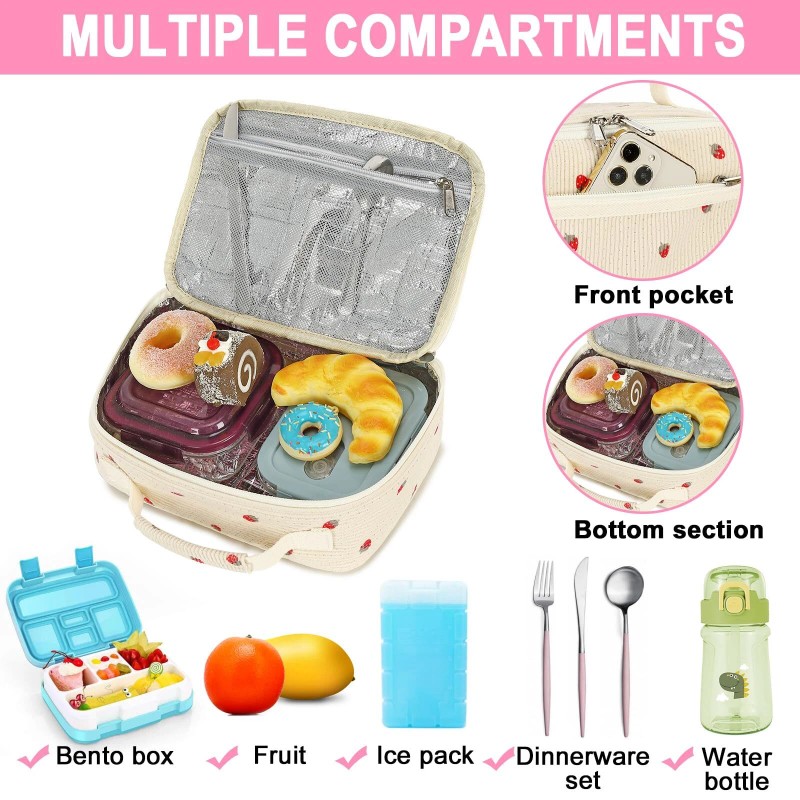 Bluboon Beige Corduroy Strawberry Lunch Box Insulated Cooler Bag for