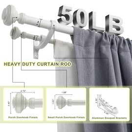 Mayrhyme Wood Double Curtain Rod for Windows 36 to 72 Inches (3 to 6 ft), Adjustable Heavy Duty Double Drapery Rods, Farmhouse Collection Decorative Design with Porch Doorknob Finials,Antique White