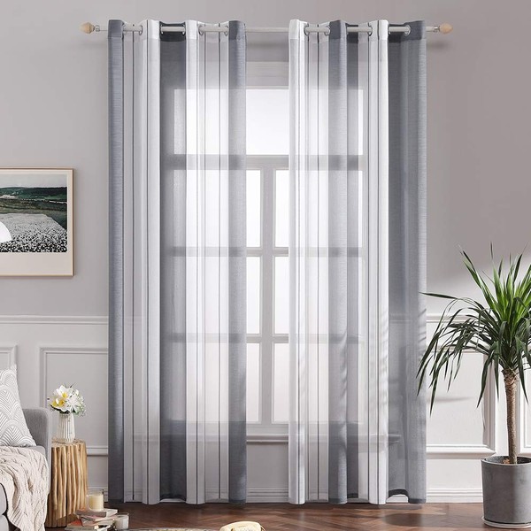 MIULEE Pinstripe Voile Curtains with Eyelets, Tab-Top Curtains, Transparent Window Drapes for Living Room, Bedroom, Set of 2, 140 x 245 cm, White and Grey