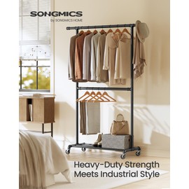 SONGMICS Heavy-Duty Clothes Rack, Double-Rod Clothing Rack for Hanging Clothes, Industrial Garment Rack on Wheels, Adjustable Metal Frame, 2 Casters with Brakes, Commercial Display, Black UHSR62BK