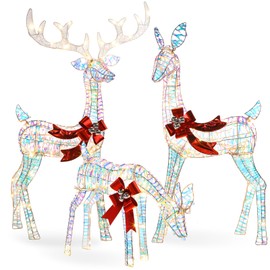 PullCrease 3-Piece Christmas Lighted Reindeer Family 3D Christmas Decorations Outdoor Yard Large Holiday Iridescent LED Light up Deer Set for Yard Lawn Indoor Outdoor Party Decor