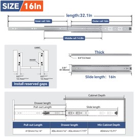 ToBeGreat 1 Pair Heavy Duty Drawer Slides 16 Inch 150 lb Load Capacity Side Mount Full Extension Ball Bearing Cabinet Rails Replacement Tool Box Runners Tracks Glides