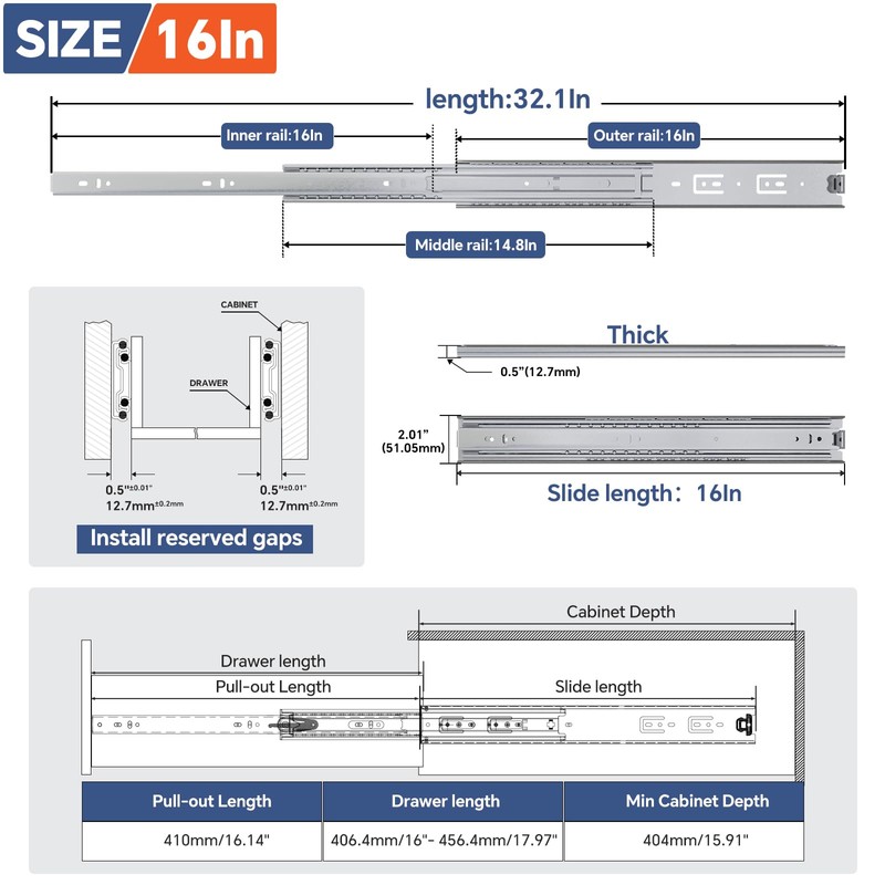 ToBeGreat 1 Pair Heavy Duty Drawer Slides 16 Inch 150
