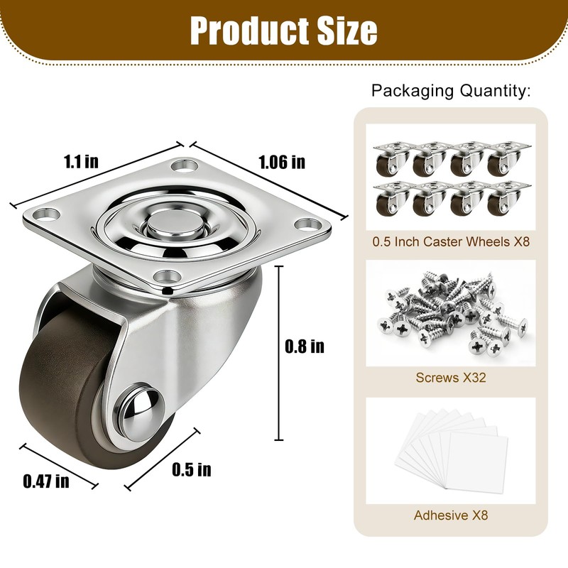 Luxinika 8 Pack Mini Caster Wheels 1/2 Inch Low Profile