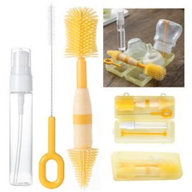 Travel Bottle Cleaner Kit, Anivona 5 in 1 Baby Bottle Cleaner Kit with Extendable Silicone Brush, Nipple Brush, Straw Brush, Soap Dispenser, Drying Rack, Ideal Gifts for Baby Travel Essential (Yellow)