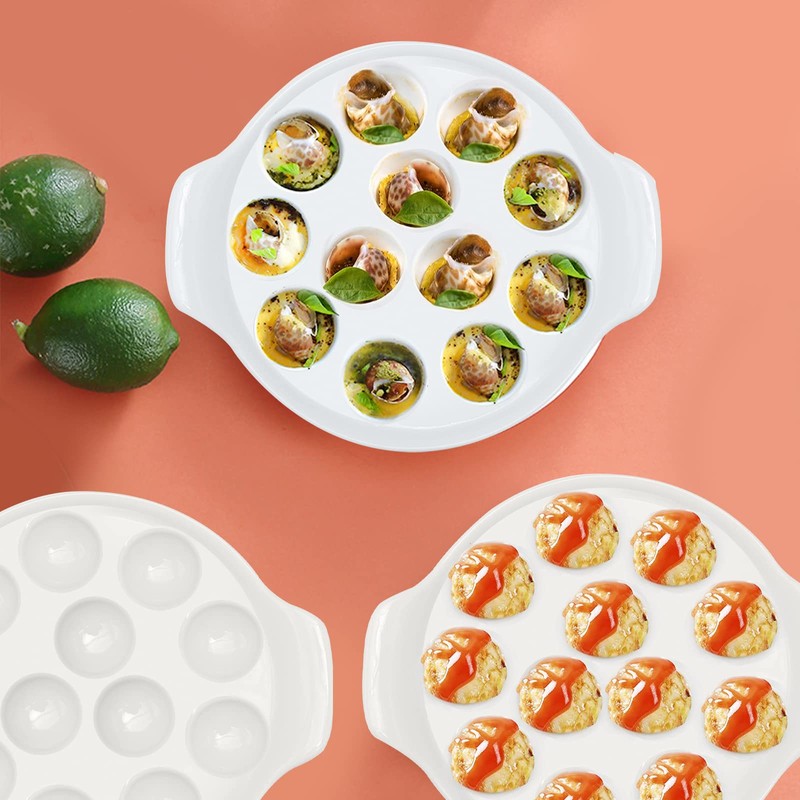 Vkinman 2pcs Ceramic Escargot Dish with 12 holes 9.2 Inch