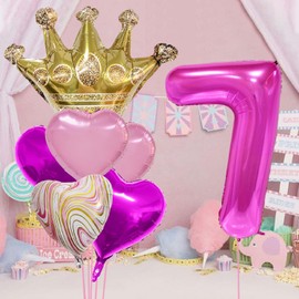 Gold Crown Theme 7th Birthday Boy Girl Decoration Supplies Foil Balloons Set, Rose Red Happy 7 Birthday Rose Red Number 7 Mylar balloons Banner Baby 7th Birthday Party Wedding Baby Shower Anniversary
