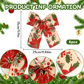6 PCS Red Flower Christmas Bows(6x10 Inch) for Christmas Tree Garland Wreath Home Decorations Gift Wrapping Xmas Ribbons Topper Ornaments Crafts Birthday Holiday Party Favors Supplies Decor