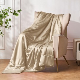 YASMENG Satin Blanket 150 x 200 cm Beige Satin Sofa Blanket Cooling Silky Silk Summer Blanket Lightweight Soft Luxury Smooth Shiny Satin Bedspread Cuddly Blanket for Bed Sofa Couch Bedroom Office