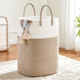 Laundry Basket,Woven Cotton Rope Laundry Hamper,60L Versatile Storage for Dirty Clothes,Baby Toys,and Blankets in Bathroom, Nursery,and Living Room - Color: Jute, Size: 60L