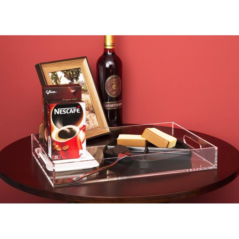 Clear Sturdy Acrylic Serving Tray with Handles-10x15Inch-Serving Coffee,Appetizer,Breakfast,Butler-Kitchen Countertop Tray-Makeup